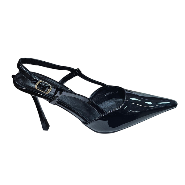Black Patent Leather Pointed Toe Slingback High Heel Shoes with Ankle Strap