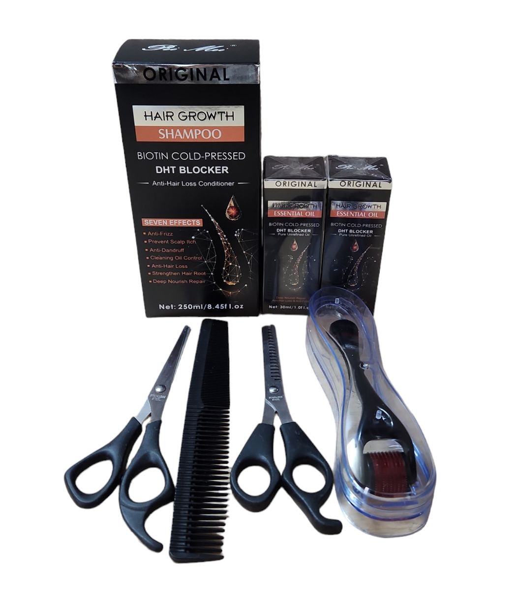 Biotin Cold Pressed Shampoo, Oil, Comb, Scissors & Derma Roller