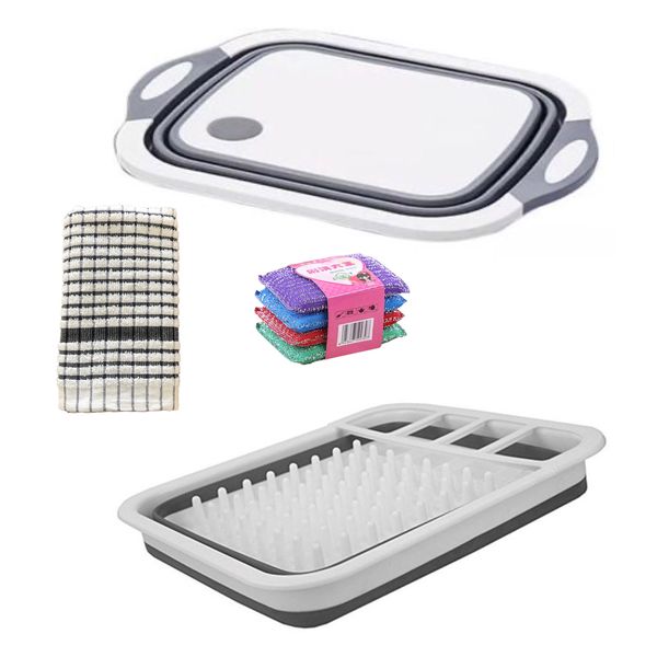 4in1 Camping Basin, Drying Rack, Sponges &amp; Dishtowel Combo