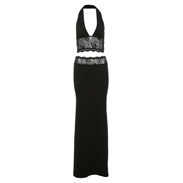 Lace Halter Top and High Waist Maxi Skirt Set