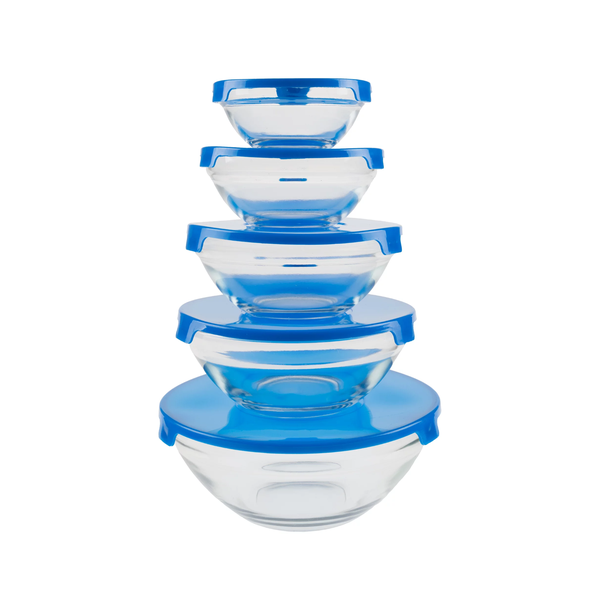 Set of 5 Blue Nesting Glass Food Storage Bowls with Lids