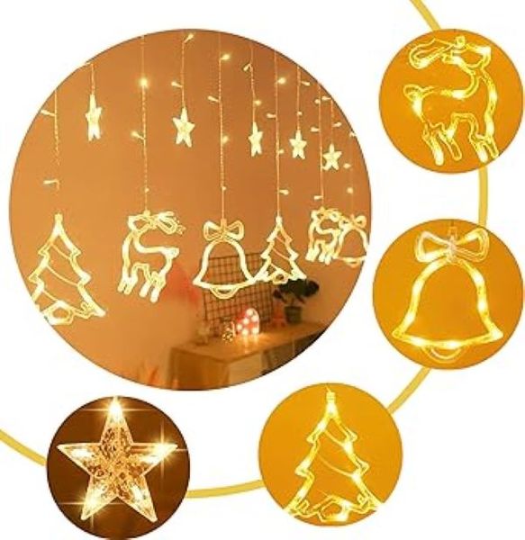 Christmas Santa 12 Ornaments Curtain Fairy String Lights White