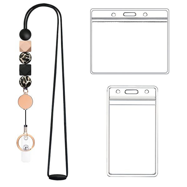 Silicone Beaded Lanyards with 2 Badge Cards Holders for ID Badges and Keys