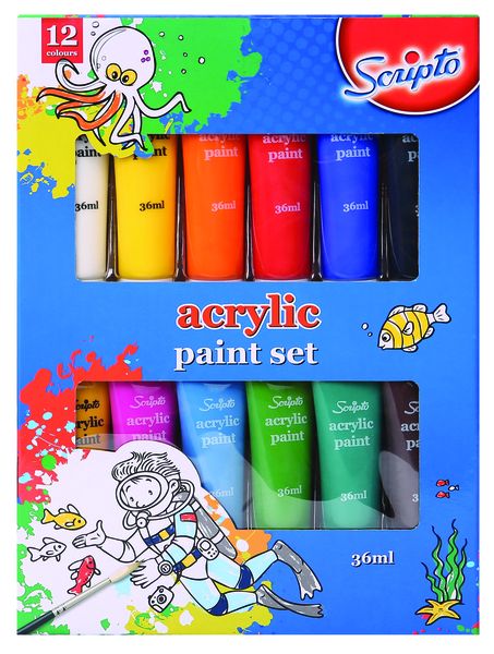 SCRIPTO ACRYLIC PAINT SET 12 Colour-36ml Tubes-Box