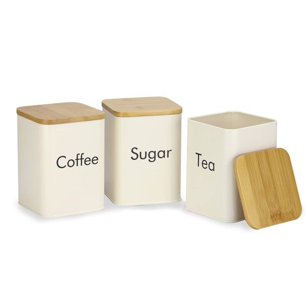 3 Piece Cream Tins Tea Coffee Sugar,Kitchen Canister Set