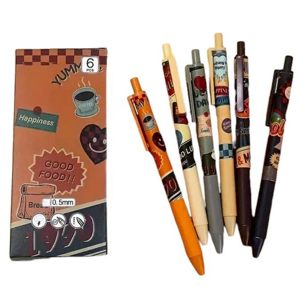 6pcs 0.5mm Fine Point Vintage Student Retractable Black Pen Set Retro