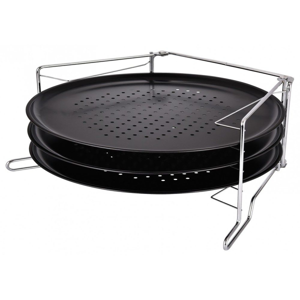 Set Of 3 Pcs Non Stick Round Pizza Pan With 3 Tier Pizza Stand - Black