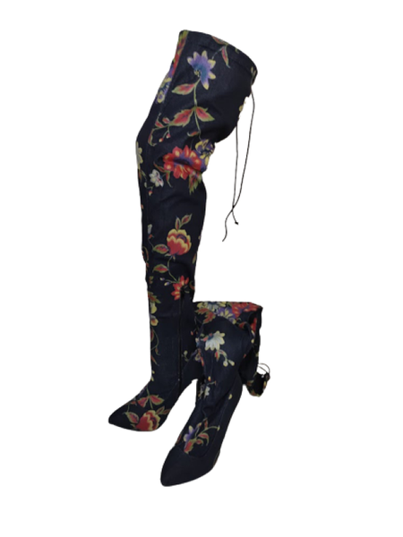 Rinja Floral Print Over The Knee Denim Boots
