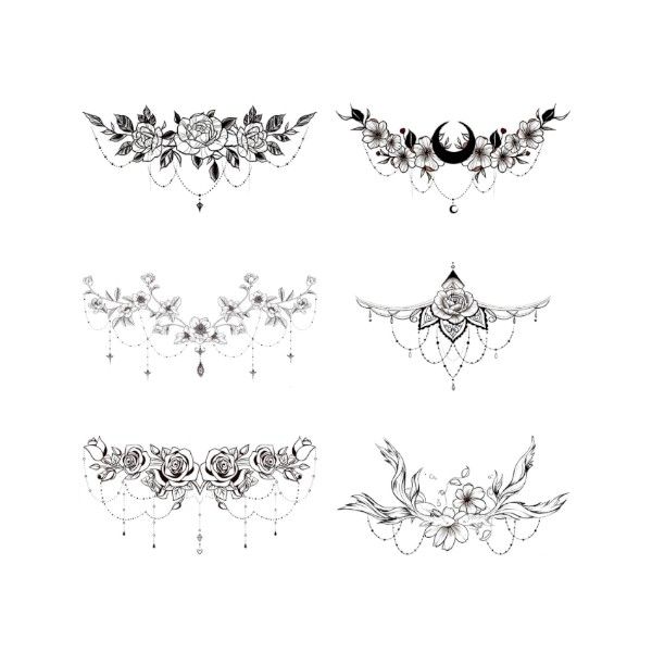 6 Piece - Striking Floral Design Temporary Tattoo Sheets For Your Chest -Black