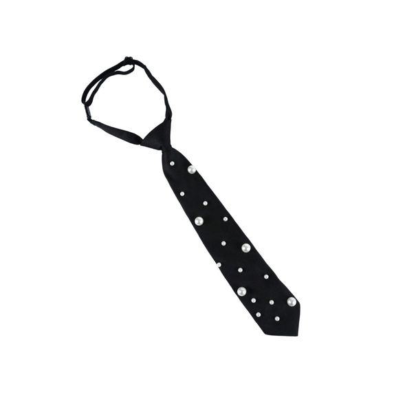 Women's Black Faux Pearl Tie - Elegant Slouchy Neck Tie for Shirts and Suit
