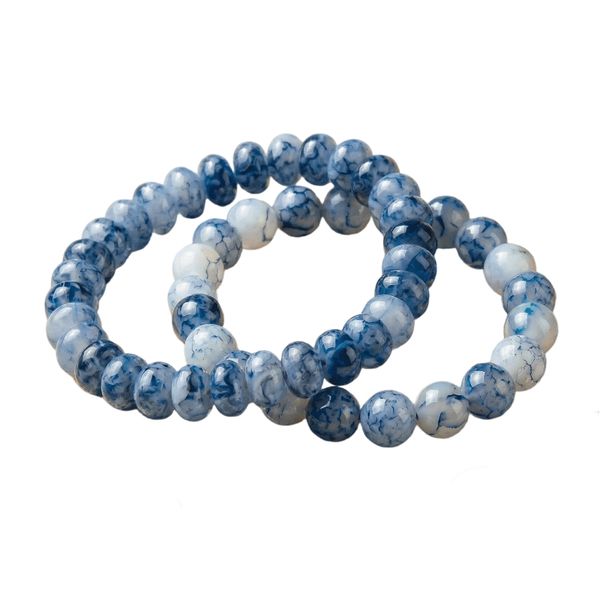Handmade Blue Dot White Agate Bead Bracelet, Oval and Round Beads - 2 Piece