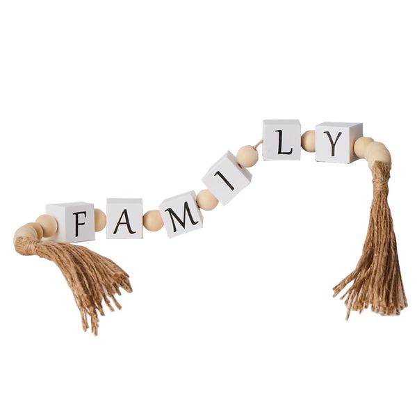 Decor Wood FAMILY Block Bead Garland Ornament with Tassels Gift (67cm)