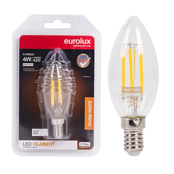 Eurolux - Warm White E14 4W Dimmable Clear Filament Candle LED