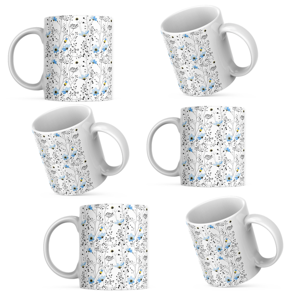 Blue and Black Flower - Printed Coffee Mugs 6 Pack