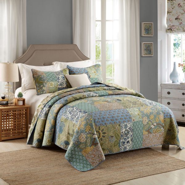 Luxurious Patchwork Bedspreads 100% Cotton Quilted - Cadetblue Darkkhaki