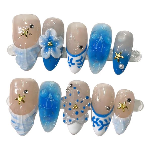 10Piece Press On Nails-Pearl Gold Starfish Gems Design 3D Ripple False Nails