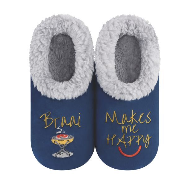 Snoozies Mens Fleece Slippers Braai Happy - Soft Non-Skid Sole