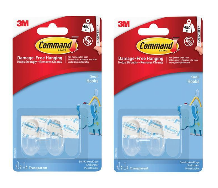 3M Command Clear Hooks with Clear Strips, Small - Pack of 2 x 2