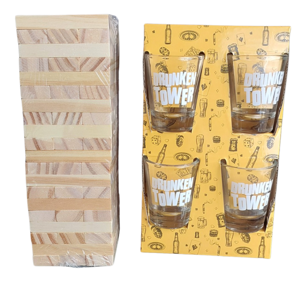 Tower Blocks Drinking Wooden Game with 4 Shot Glasses