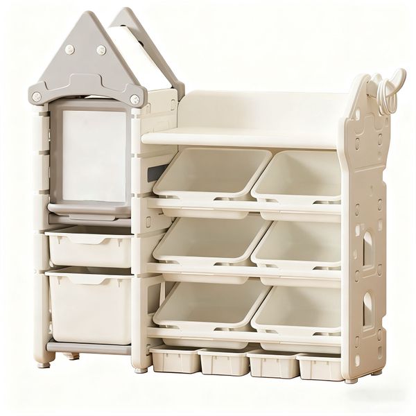 Four-tier toy storage cabinet with toy box and built-in drawing board