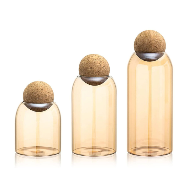Set Of 3 Pcs Borosilicate Food Containers Jar With Wooden Round Ball Cork