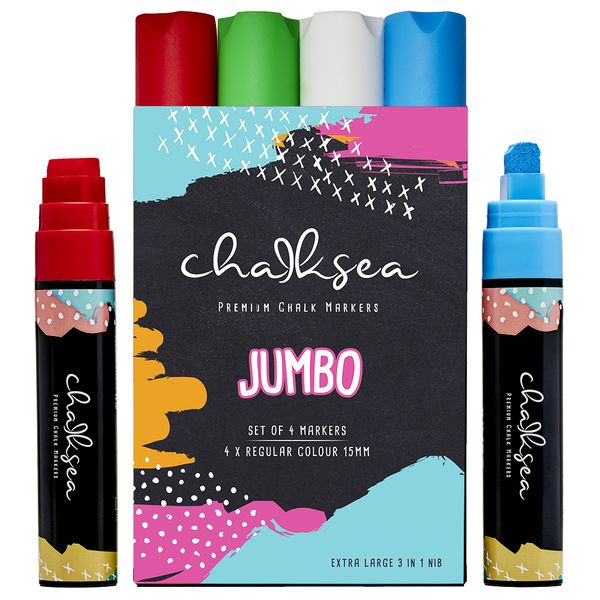 Chalksea Extra Large Chalk Markers. Pack of 4 Jumbo Chalk Pens. 15mm Nib