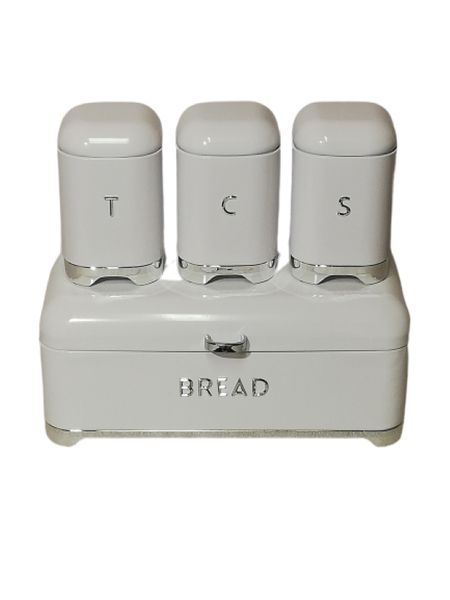 Bread Bin &amp; Canister Set 4pc White &amp; Silver