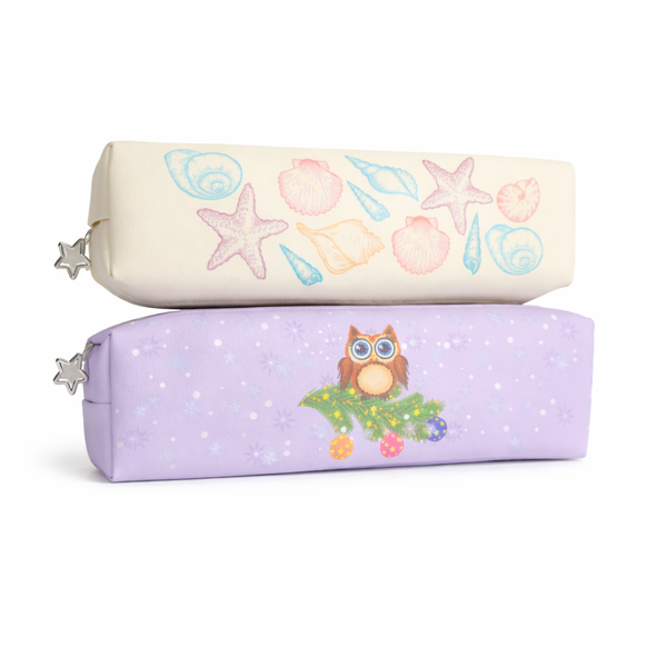 Pastel Seashell &amp; Winter Owl Design Zipper Pouches - 2-Pack Pencil Cases
