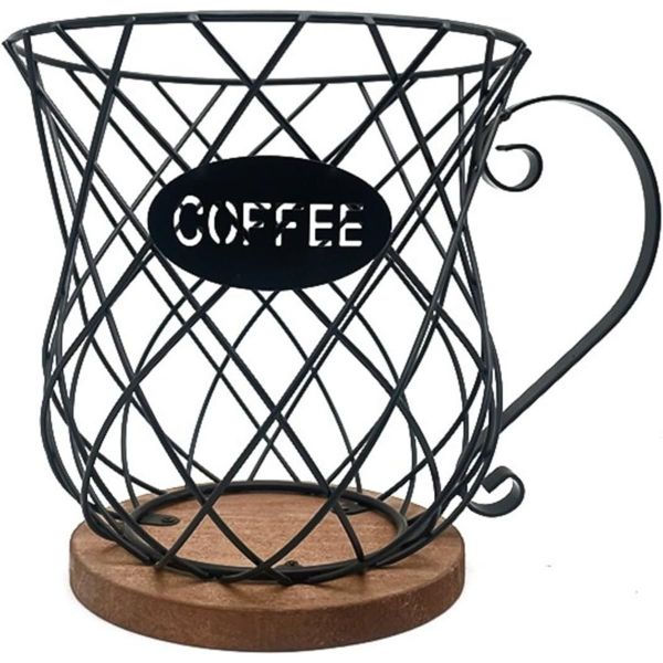 Metal Coffee Pod Holder Mug - Large Wire Basket with Wooden Base for Counte