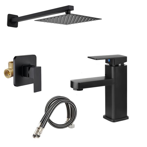 20cm Square Matte Black Shower Faucet Set with Basin Mixer Tap, Faucet