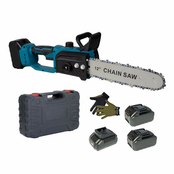 12 Inch Cordless Electric Chain Saw With Gloves, Carry Case &amp; 2 Batteries