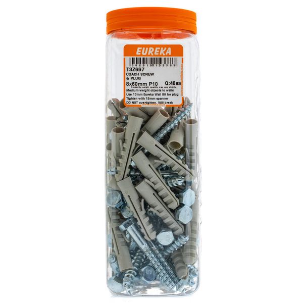EUREKA Coach Screw &amp; Plug 8 x 60mm Plug 10mm Q:40ea T3Z667