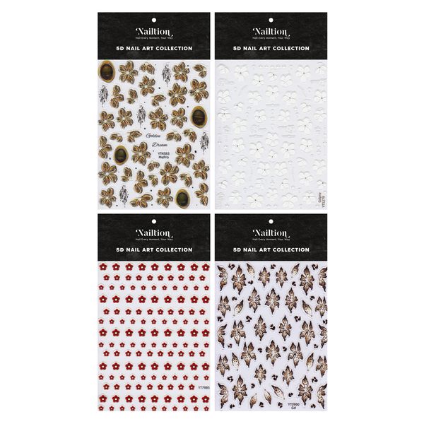 Nailtion 3D Embossed Nail Art Stickers - 3D Mixed Autumn Flowers 4 Pieces