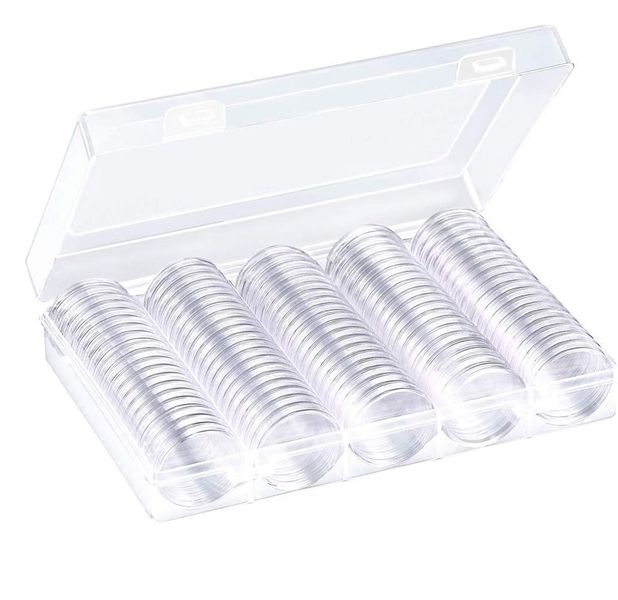 100-Pack 25mm Plastic Coin Capsules with Storage Box &amp; Foam Gasket