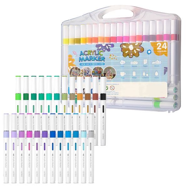 24 Colours- Brush Tip Acrylic Markers Premium Art Supplies for Rocks,Canvas