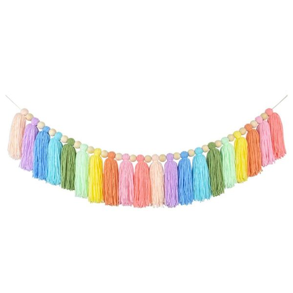37Inch Rainbow Tassel Garland with Wood Bead for Bedroom Party Decor