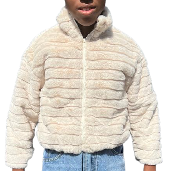 Girls Faux Fur Fuzzy Regular Jacket-Beige