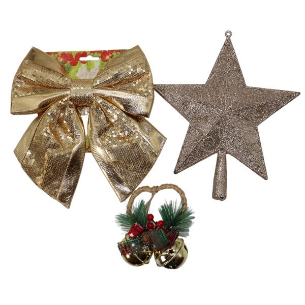 3Pcs Gold Star, Bow And Bell Tree Decorations