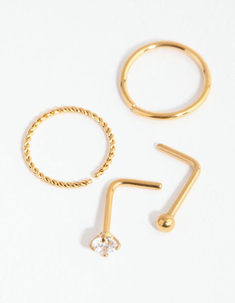 Gold Surgical Steel Diamante Twist Nose Ring 4-Pack