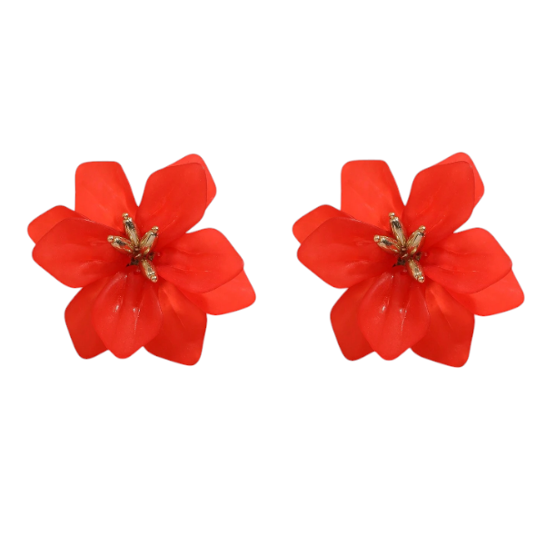 Bold Statement Flower Design Earrings With Golden Detail - Red/Gold