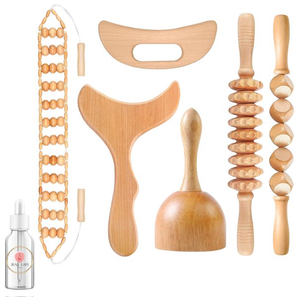 6-Piece Wood Massage Tools Kit with Luxurious Beau Labs Serum Elixir