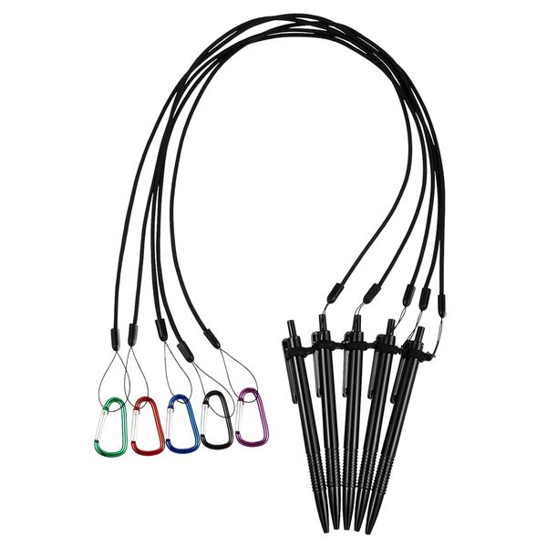 Stationery Elastic Lanyards With Silicone Rings, Carabiners and Pens - 5 Piece