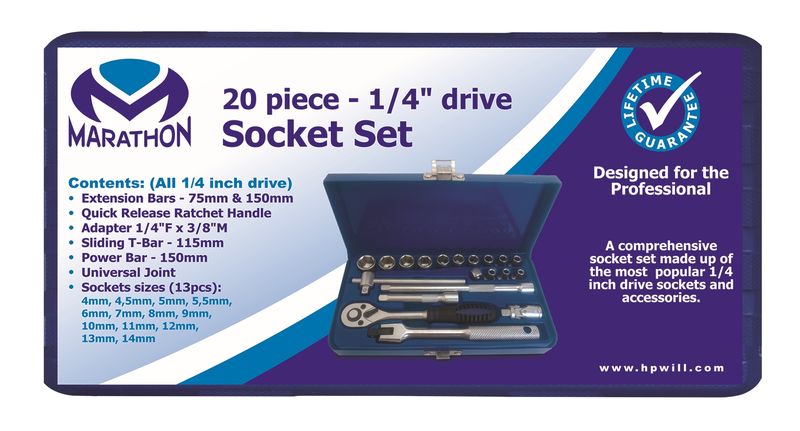 Marathon Tools Socket Set 1/4inch dr. 20 piece - Steel case