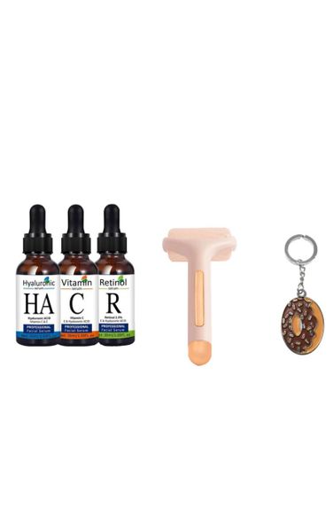 Serum Set: Vitamin C, Hyaluronic Acid &amp; Retinol with Face Roller &amp; Keyring