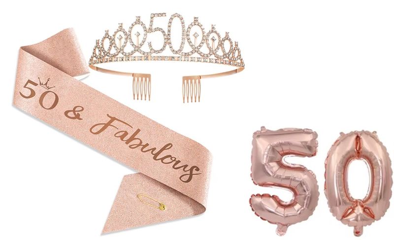 50th Birthday Tiara, Sash and Number Balloons - Rose Gold