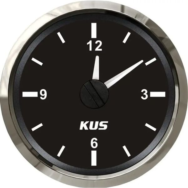 KUS Marine Grade Clock (52mm Diameter) - Black with Stainless Steel Bezel