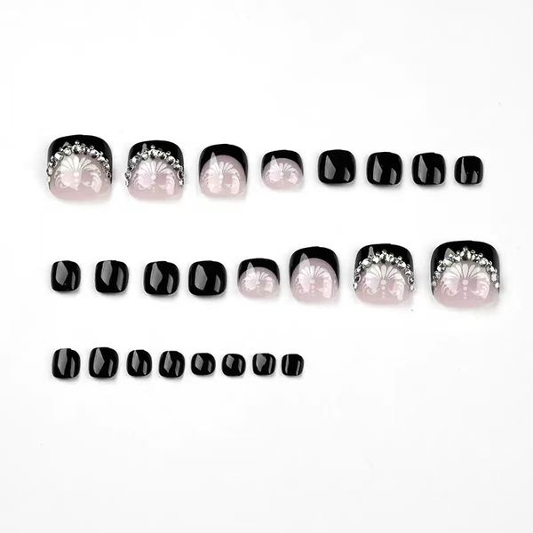 Black French Manicure With White Rhinestone Nail Art