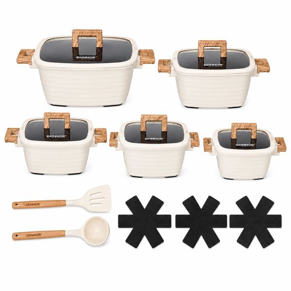 15-Piece Diecast Aluminum Cooking Pot Set with Kitchen Utensils-Beige