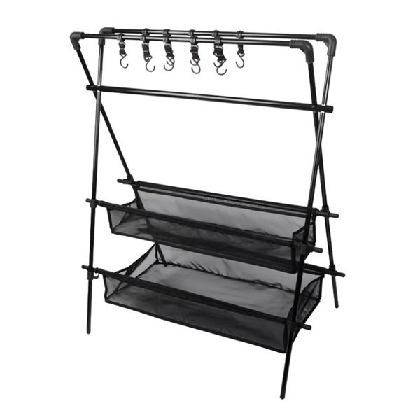 Outdoor Camping Foldable Storage Rack with Double-Layer Mesh Net