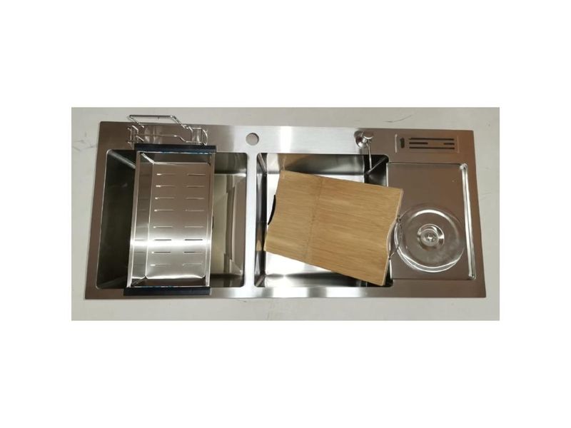 SS Double Bowl Ktchen Sink with Drainboard and Rubbish Bin